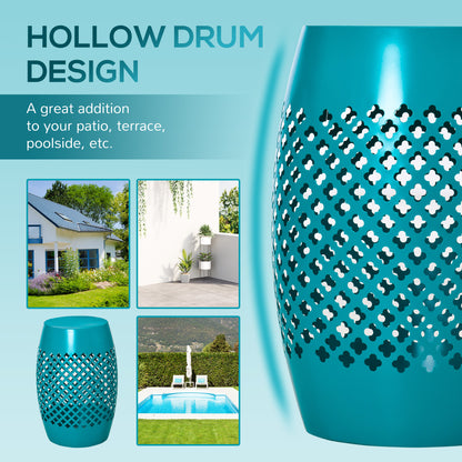 12" Steel Patio End Table, Round Hollow Drum Side Table, Accent Table for Indoor and Outdoor, Teal