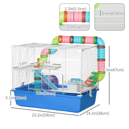 3-Tier Large Toy-Filled Steel Small Animal Cage, Includes Exercise Wheel, Water Bottle, Food Dish, Blue