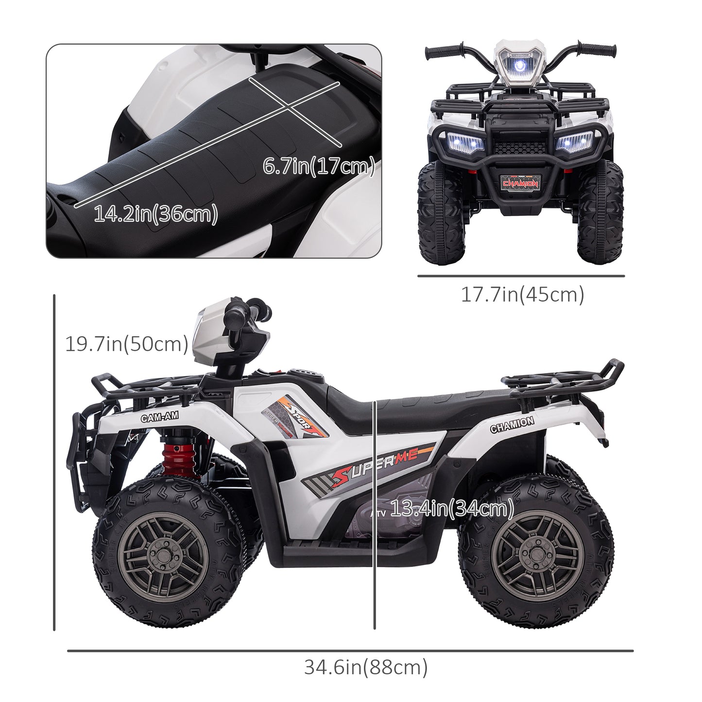 Aosom 12V Kids ATV Quad, 4 Wheeler Battery Powered Electric Vehicle with Music MP3, Headlights, High Low Speed, Treaded Tires, for Boys and Girls Ages 37-60 Months, White