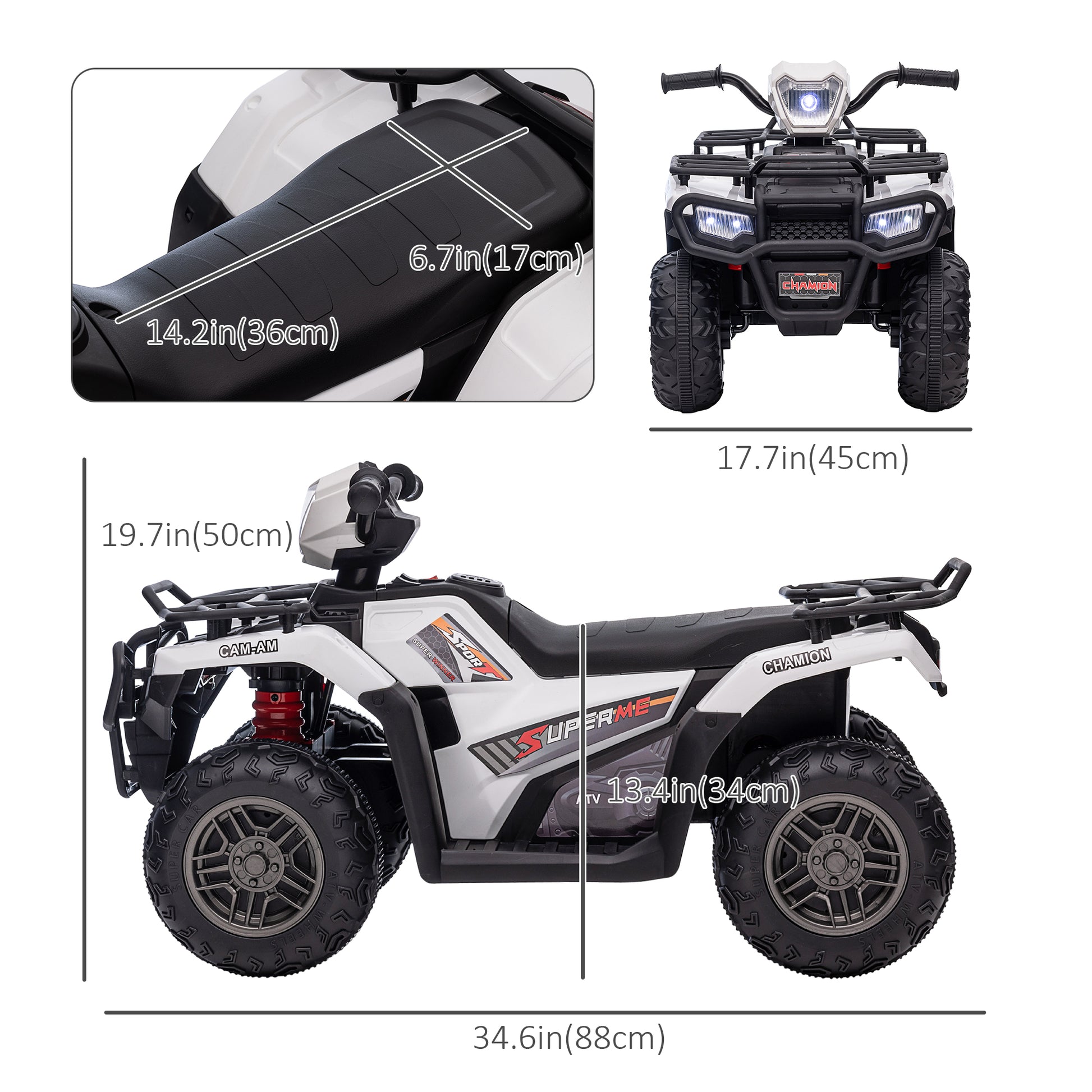 Aosom 12V Kids ATV Quad, 4 Wheeler Battery Powered Electric Vehicle with Music MP3, Headlights, High Low Speed, Treaded Tires, for Boys and Girls Ages 37-60 Months, White