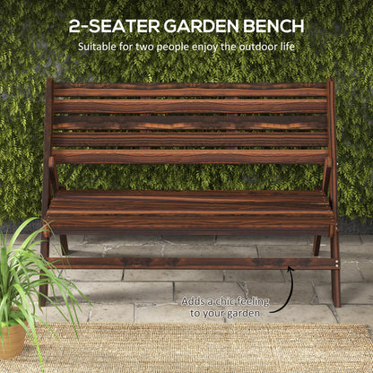 2-Seater Wooden Outdoor Bench, Foldable Garden Bench with Slatted Backrest and Seat, Patio Loveseat, Carbonised Finish