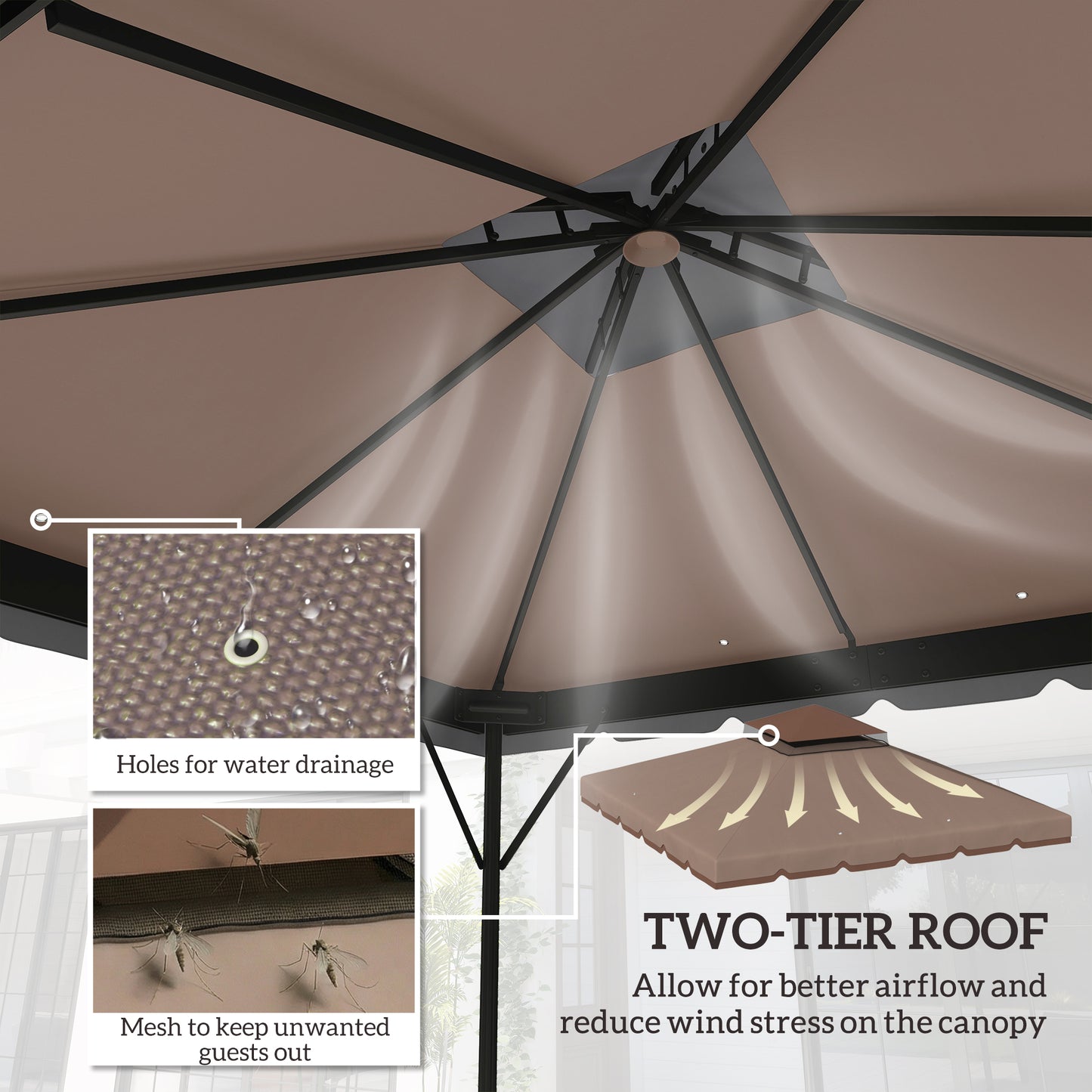 10' x 10' Gazebo Canopy Replacement, Double-Tier Outdoor Gazebo Cover Top Roof, TOP ONLY, Khaki/Brown