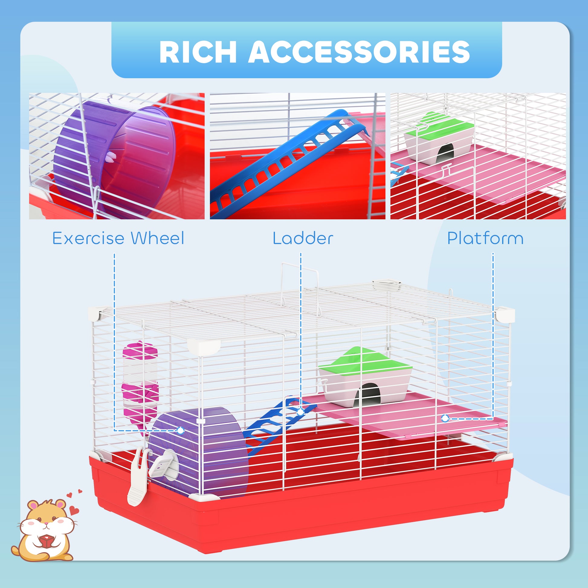 18.5'' Hamster Cage with Exercise Wheel and Water Bottle Dishes, Rat House and Habitats 2 Storey Design, Red