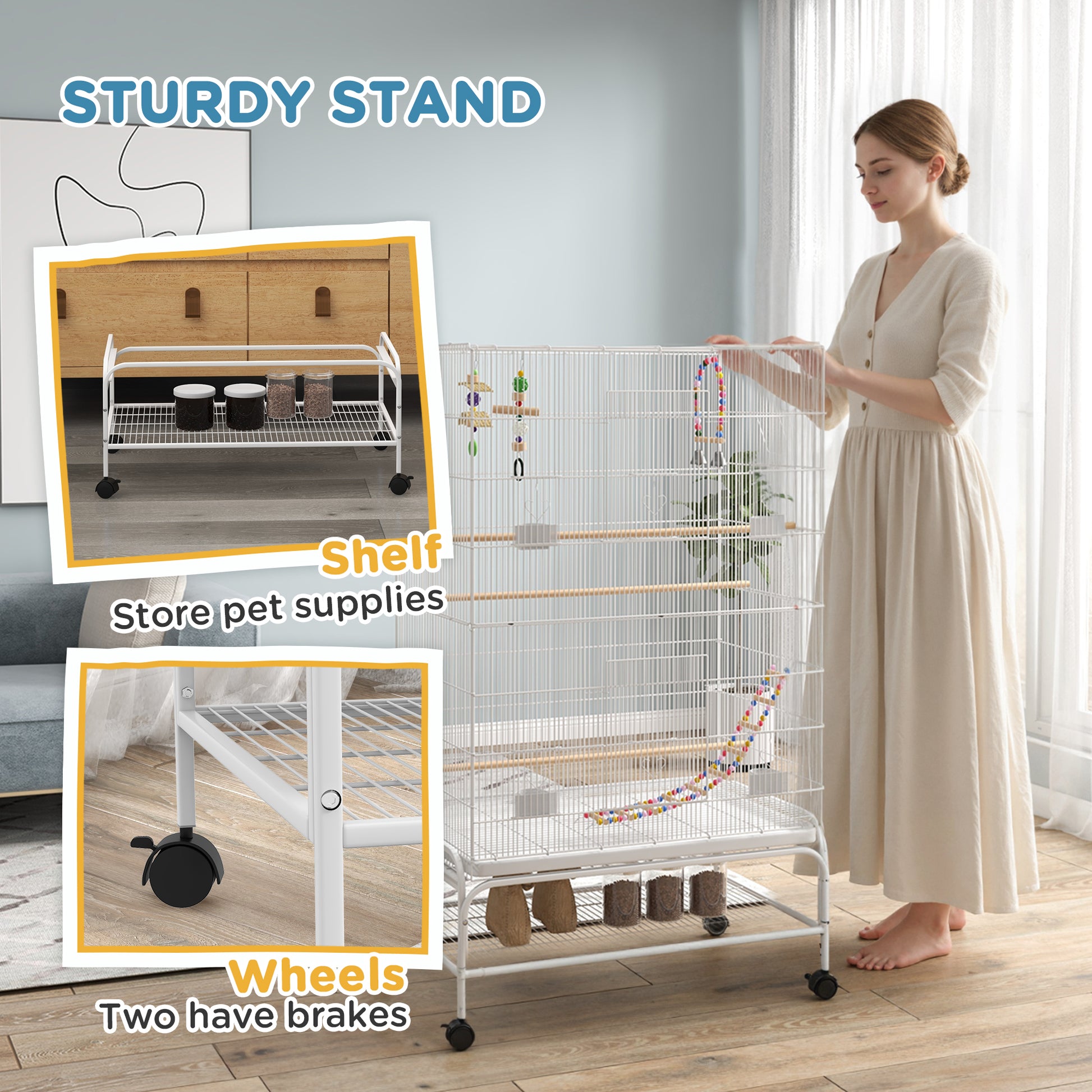 52" Bird Cage with Rolling Stand, Toys, for Budgies Canaries White