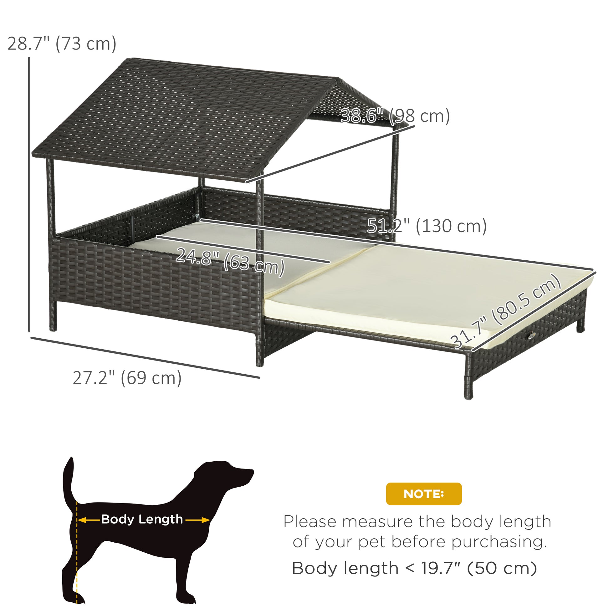 Rattan Dog House with Canopy, Wicker Dog Bed with Water-Resistant Cushion, for Small and Medium Breeds Cream White