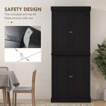 72.5" Freestanding Kitchen Pantry Cabinet with 4 Doors, Black