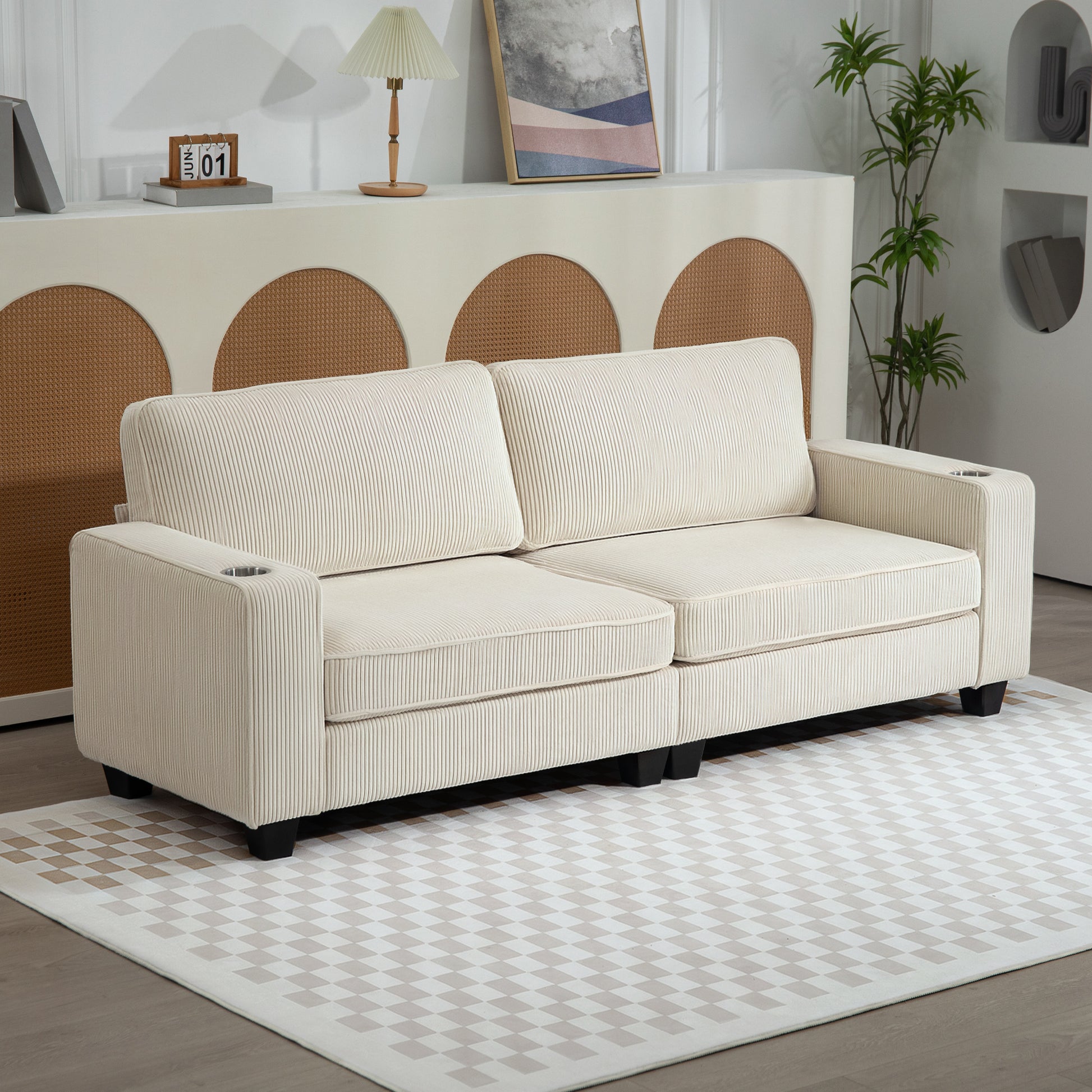 Three Seater Sofa, Fabric 3 Seater Couch with Spring Cushion and Cup Holders for Living Room, Bedroom, Cream White