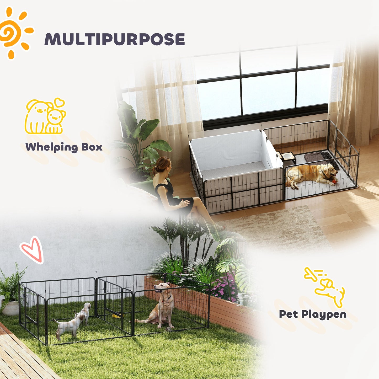 7 Panel Dog Whelping Box Convertible DIY Pet Playpen with Washable Pee Pads, 600D Oxford Fabric, 96" x 48" x 24"