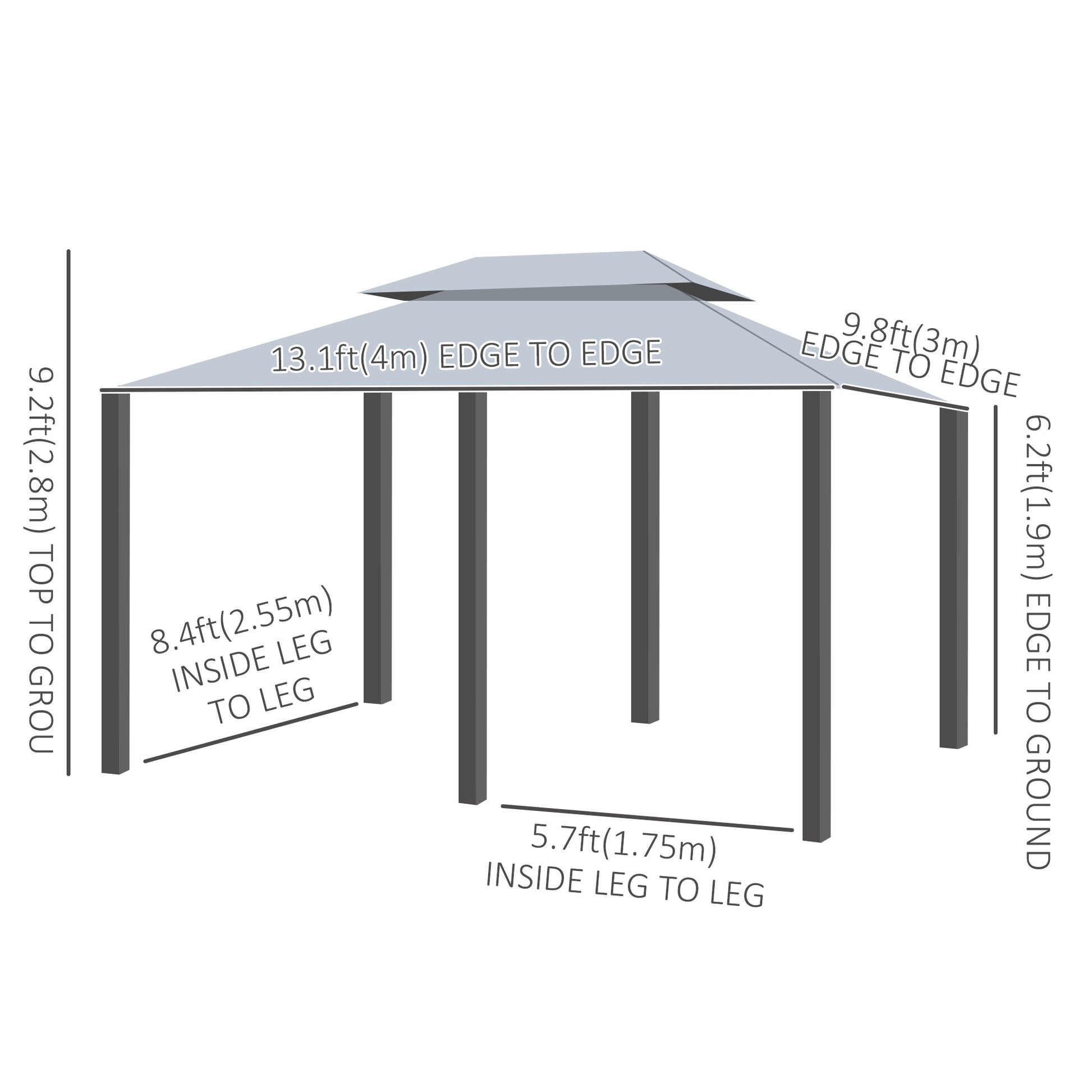 13'L x 10'W x 8.7'H Patio Gazebo Outdoor 2-Tiers Garden Canopy Yard Sunshade Shelter with Curtains, Grey