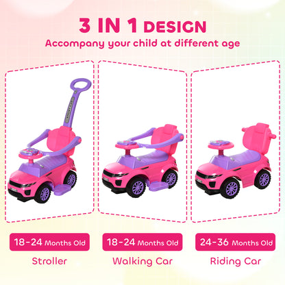 Aosom 3 in 1 Kid Ride on Push Car, Toddlers Sliding Walking Car, with Horn, Music, Light, Parent Control Handle, Secure Bar, Under Seat Storage, for Boy Girl 18-36 Months, Pink