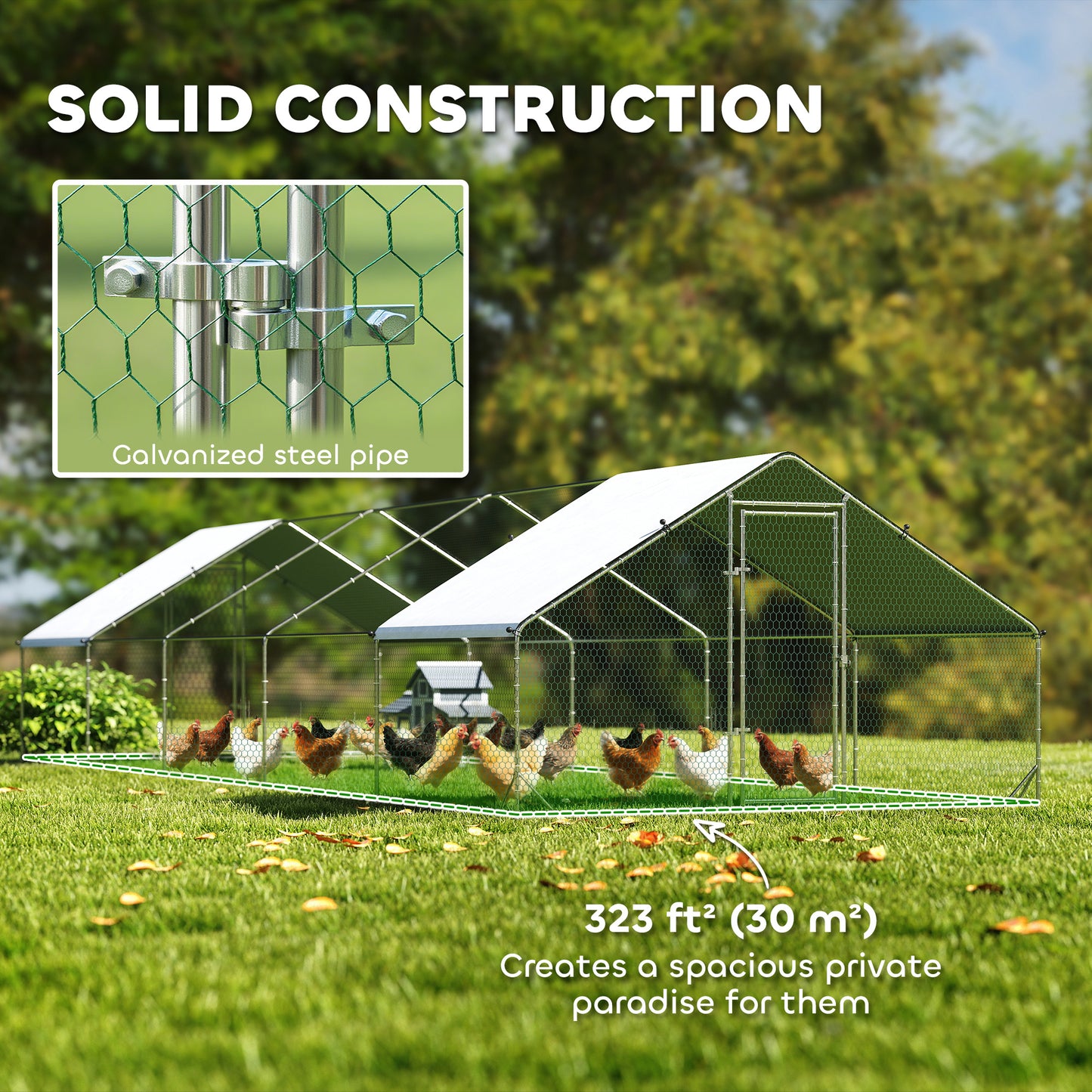 Metal Chicken Coop with Water- and UV-Protection Cover for Backyard Hen, Duck, Rabbit, 32.8' x 9.8' x 6.4'