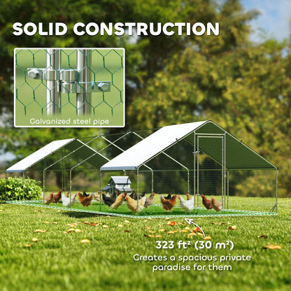 Metal Chicken Coop with Water- and UV-Protection Cover for Backyard Hen, Duck, Rabbit, 32.8' x 9.8' x 6.4'