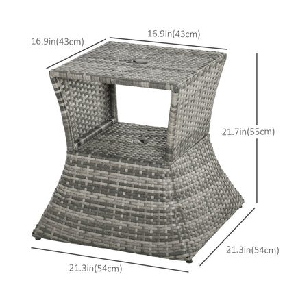 Rattan Wicker Side Table, 21.3" Square Outdoor End Table with Umbrella Hole 2-Tier Storage for Patio Garden Mixed Grey