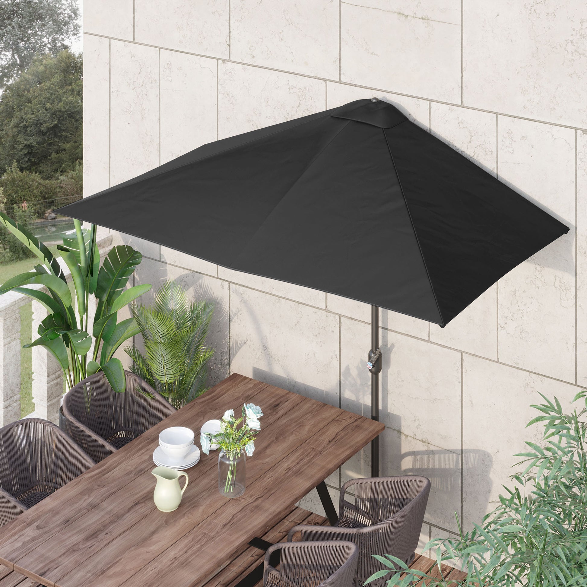 8ft Half Round Umbrella Outdoor Balcony Parasol Patio Garden Outdoor Window Sun Shade w/ 5 Ribs