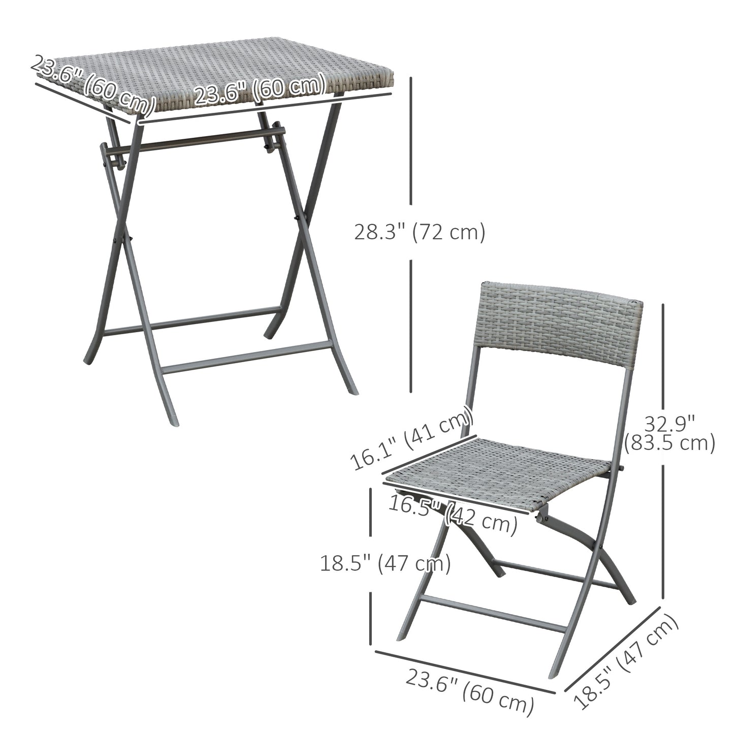 3-Piece Outdoor Folding Rattan Bistro Set, Grey