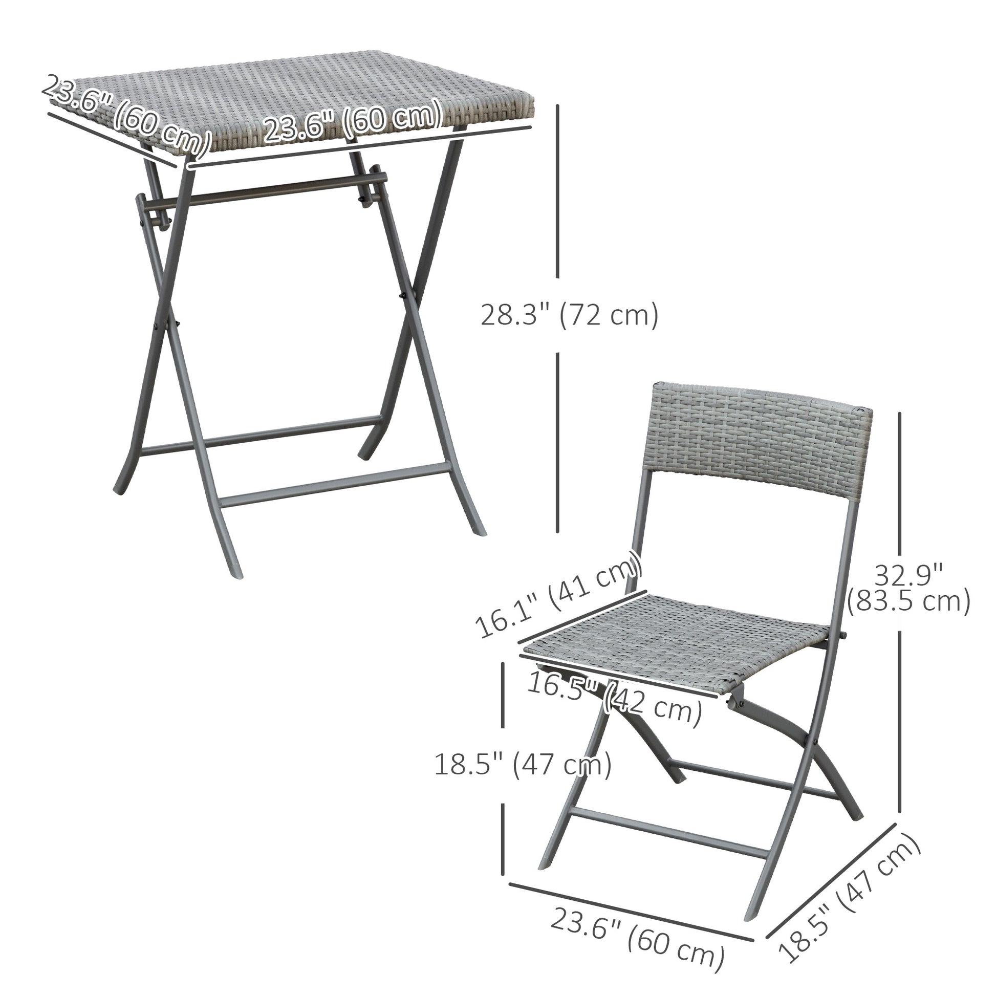 3-Piece Outdoor Folding Rattan Bistro Set, Grey