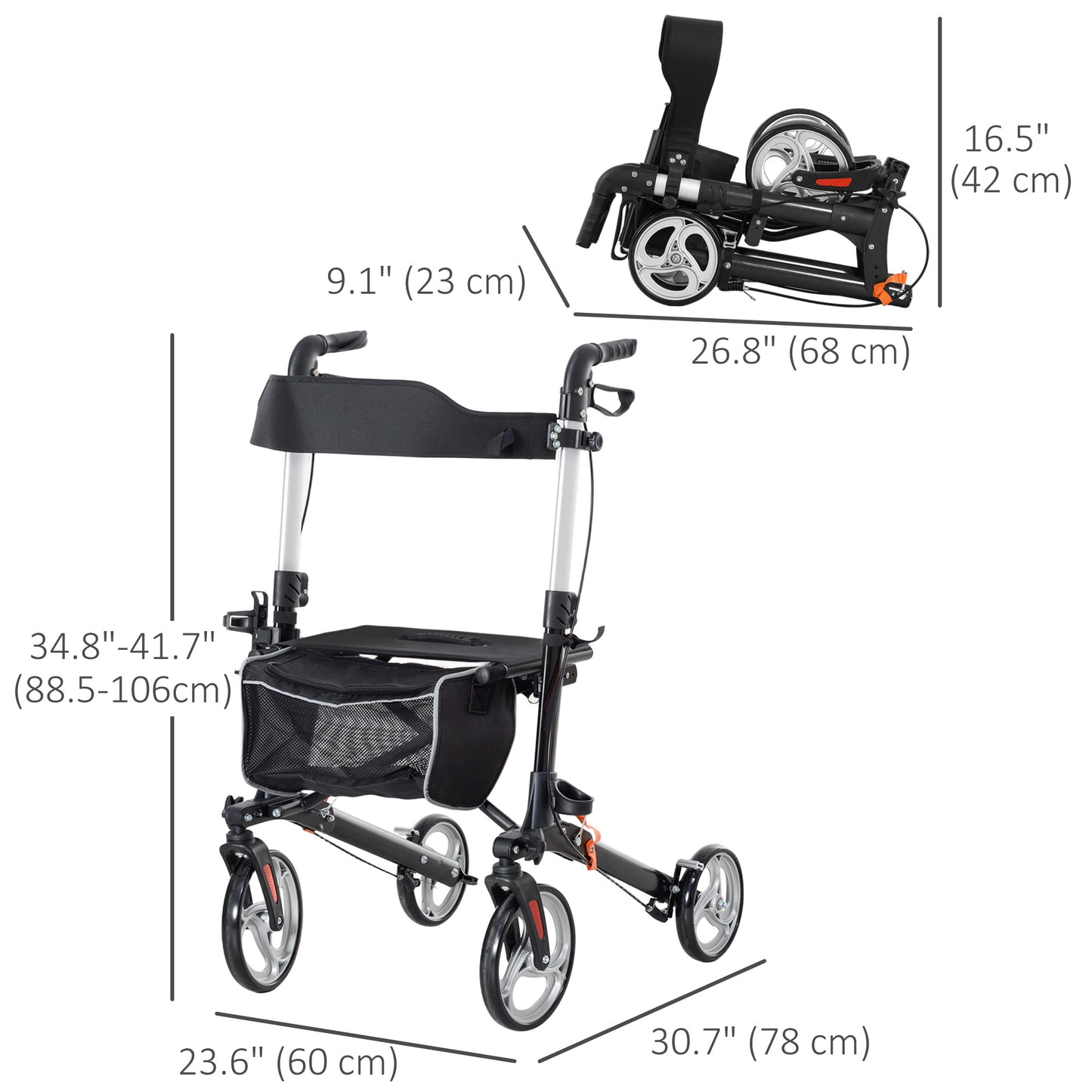 Lightweight Folding Rolling Walker with Large Seat, Back, Adjustable Handle, Bag, Dual Brake, Cane Holder, Black