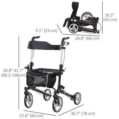Lightweight Folding Rolling Walker with Large Seat, Back, Adjustable Handle, Bag, Dual Brake, Cane Holder, Black