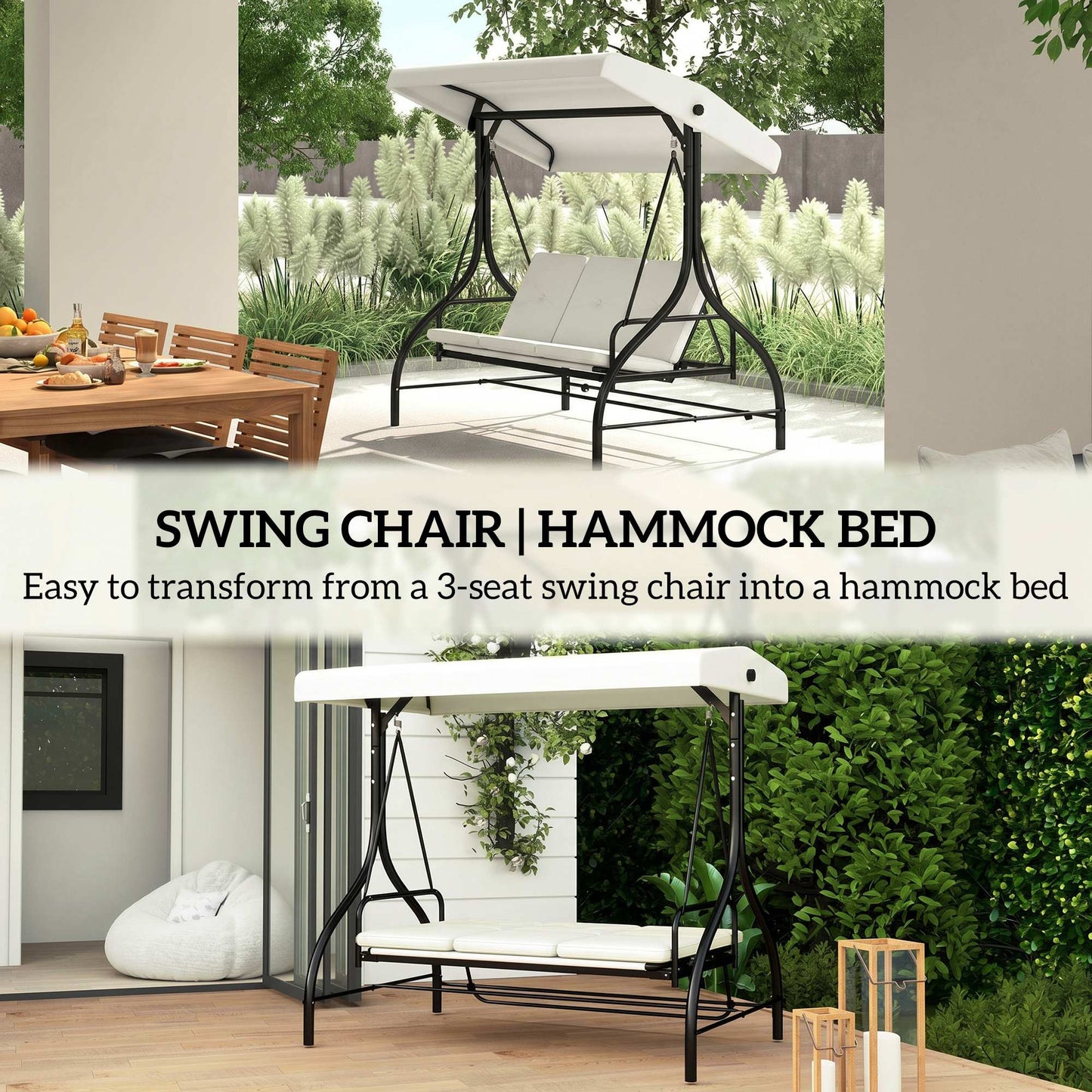 Convertible Patio Swing Bed with Canopy and Cushions, 3 Seater Porch Swing for Outdoor, Backyard, Garden, Cream White