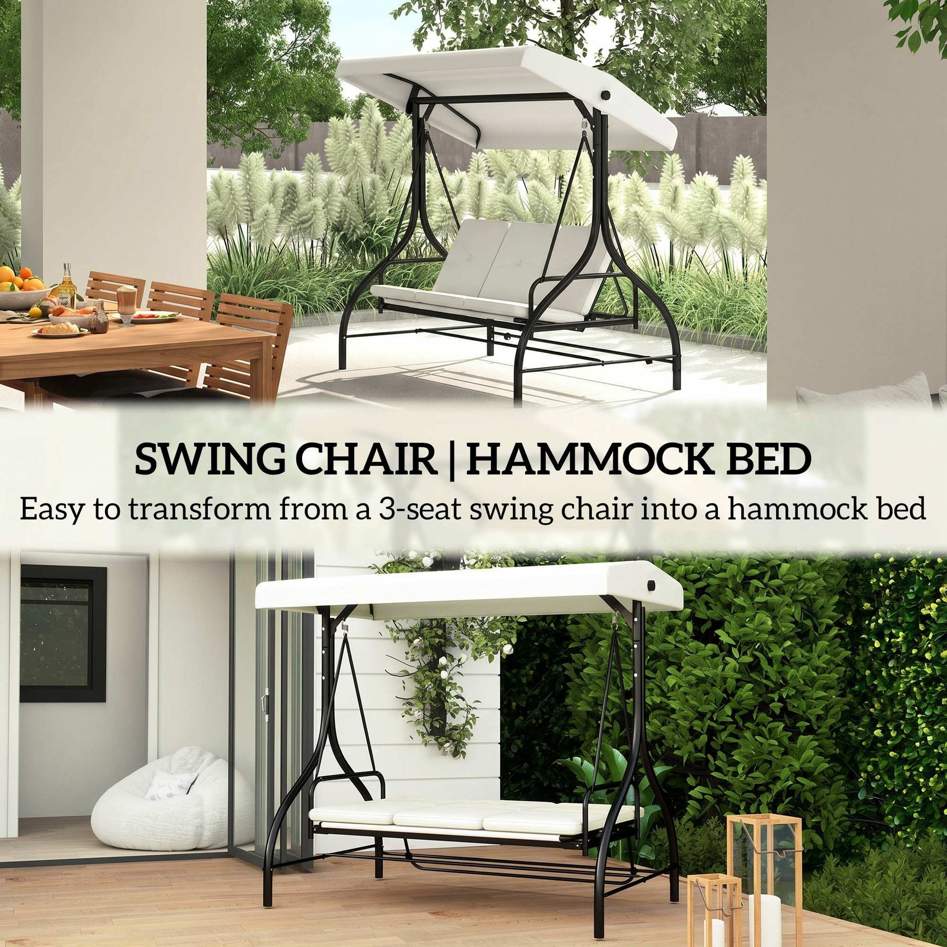 Convertible Patio Swing Bed with Canopy and Cushions, 3 Seater Porch Swing for Outdoor, Backyard, Garden, Cream White