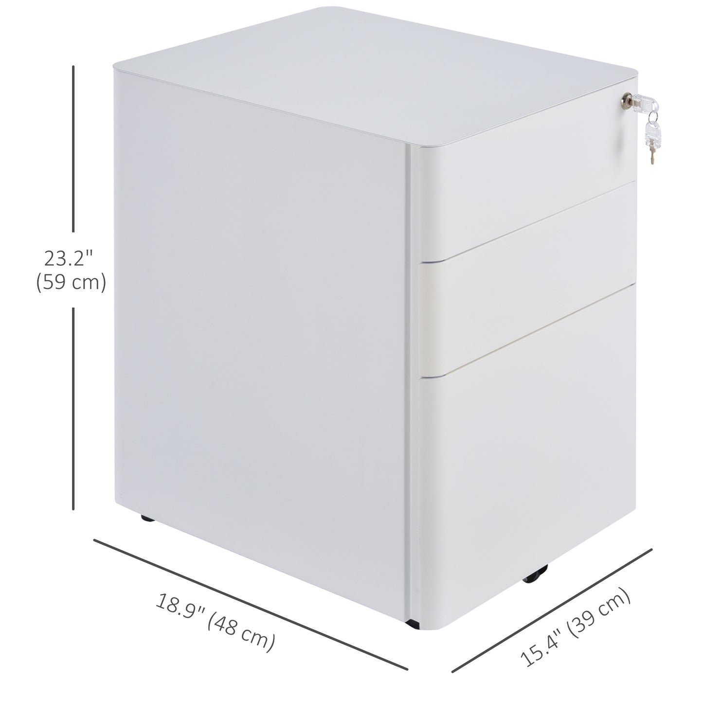 3 Drawer Filing Cabinet, Steel Home Office Storage Cabinet with Wheels, Lock for A4, Letters, Legal-sized Files, White