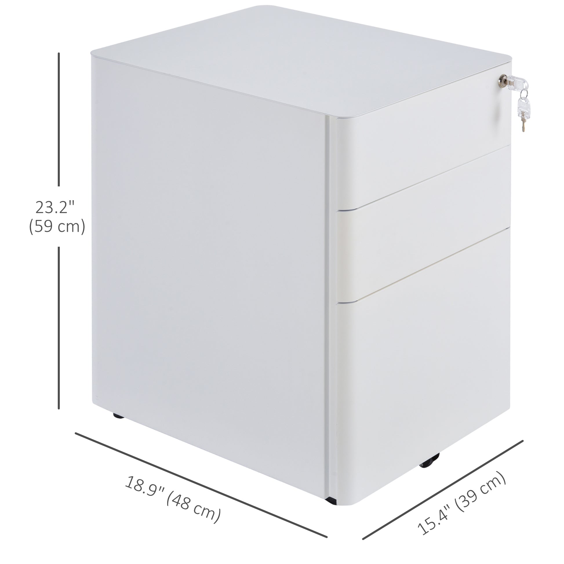 3 Drawer Filing Cabinet, Steel Home Office Storage Cabinet with Wheels, Lock for A4, Letters, Legal-sized Files, White