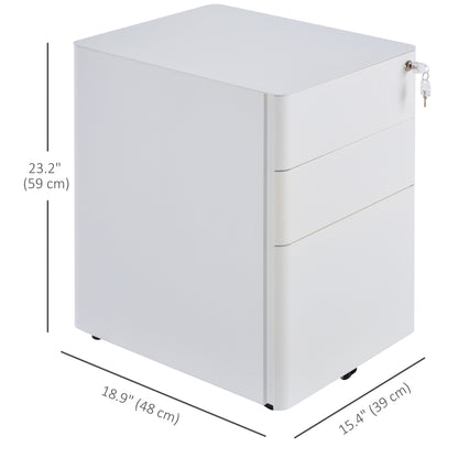 3 Drawer Filing Cabinet, Steel Home Office Storage Cabinet with Wheels, Lock for A4, Letters, Legal-sized Files, White
