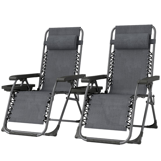 Zero Gravity Chair Set of 2, Folding Reclining Outdoor Lounge Chair with Cup Holder, Headrest, Dark Grey