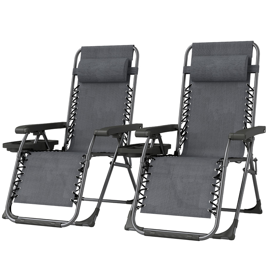 Zero Gravity Chair Set of 2, Folding Reclining Outdoor Lounge Chair with Cup Holder, Headrest, Dark Grey