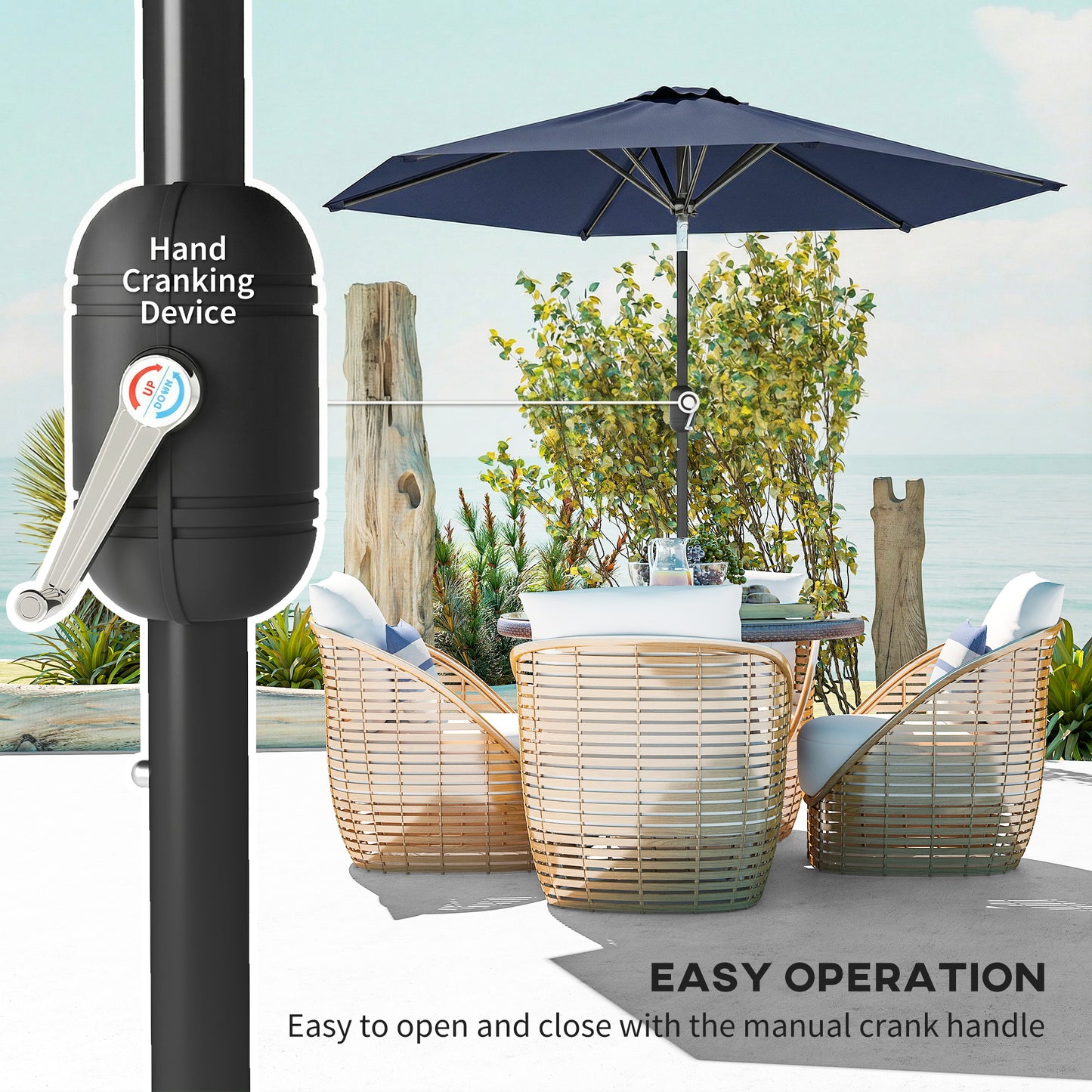 Patio Sun Umbrella, Outdoor Parasol with 6 Ribs, Blue
