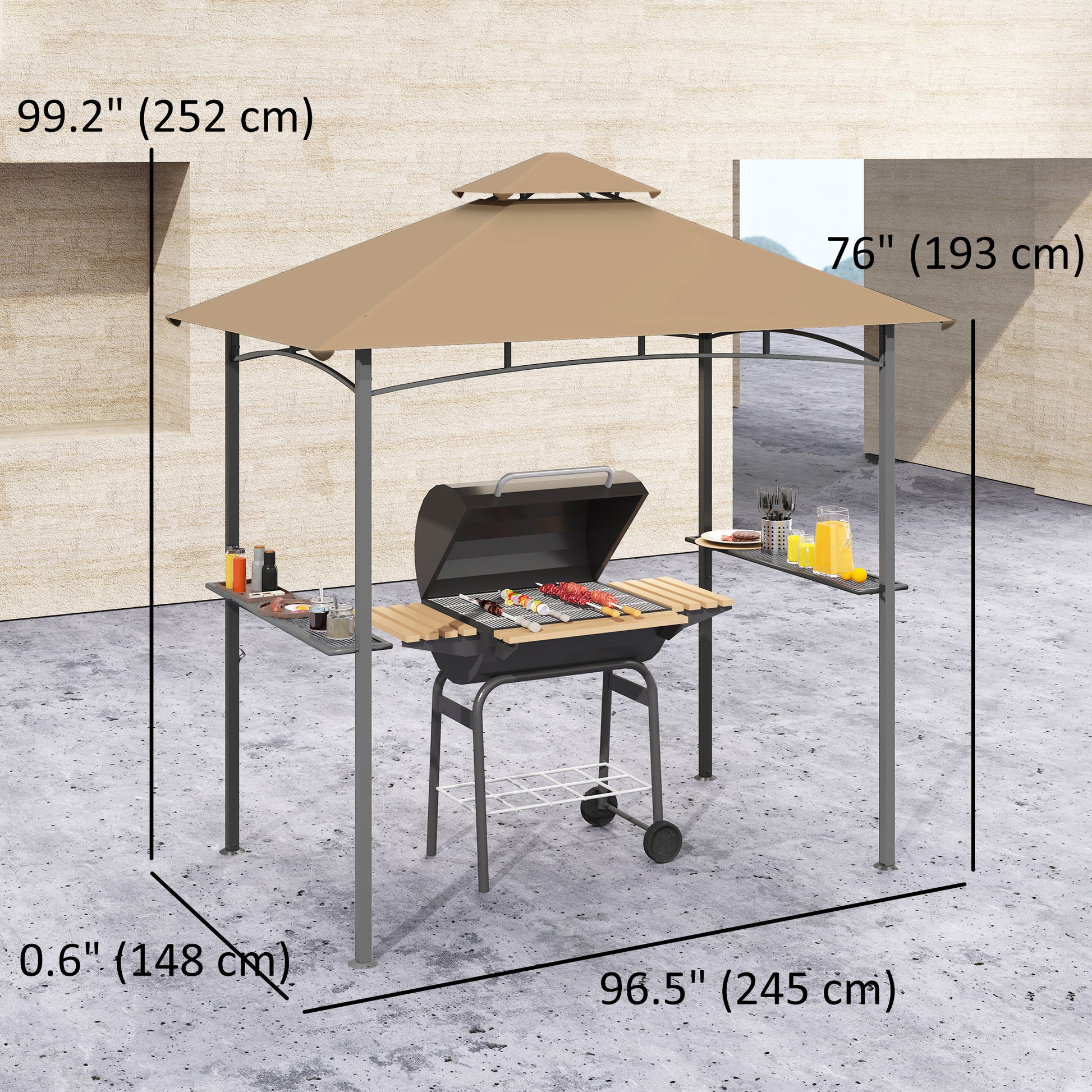 8' x 5' BBQ Grill Gazebo Tent with Double Tiered Canopy for Outdoor Sun Shade, Khaki