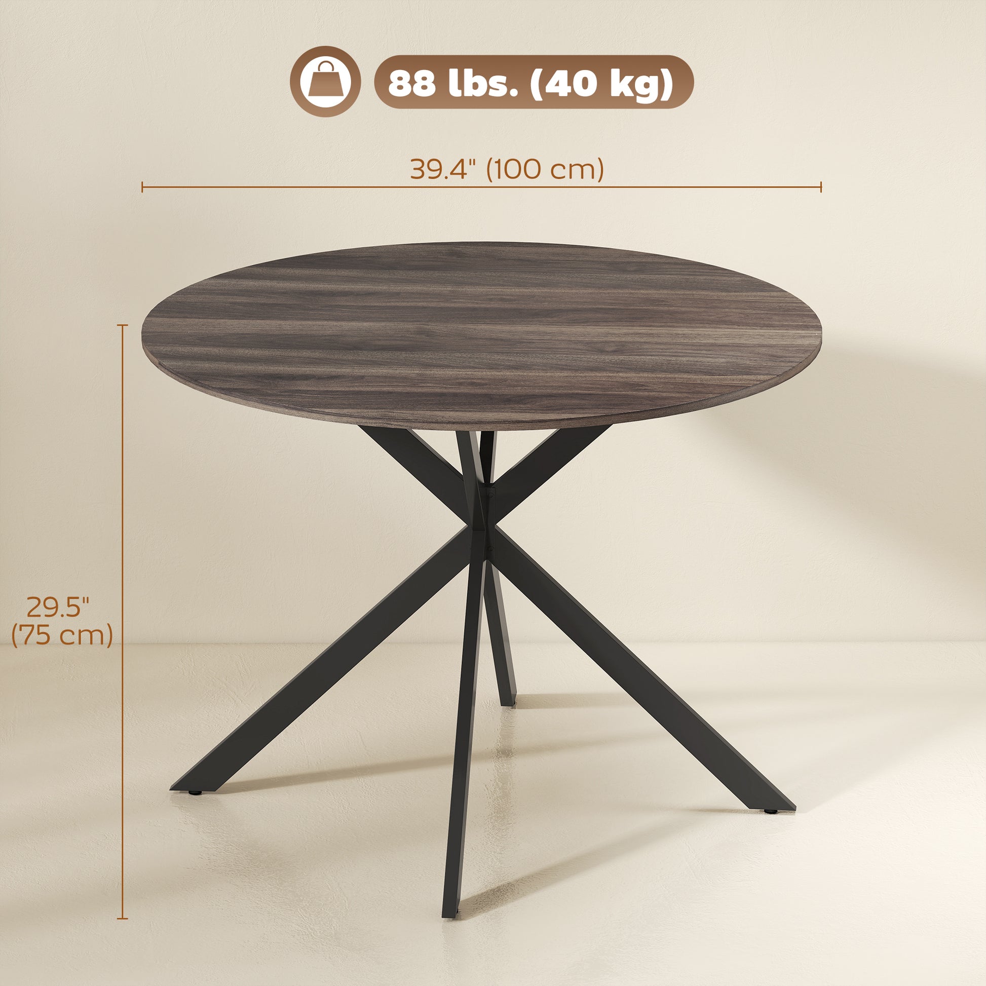 40" Round Kitchen Table for 4, Industrial Dining Table with Steel Legs for Dining Room, Distressed Brown