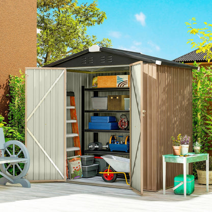 6.5' x 4' Outdoor Storage Shed, Metal Garden Shed with Lockable Double Doors, 4 Vents, Brown