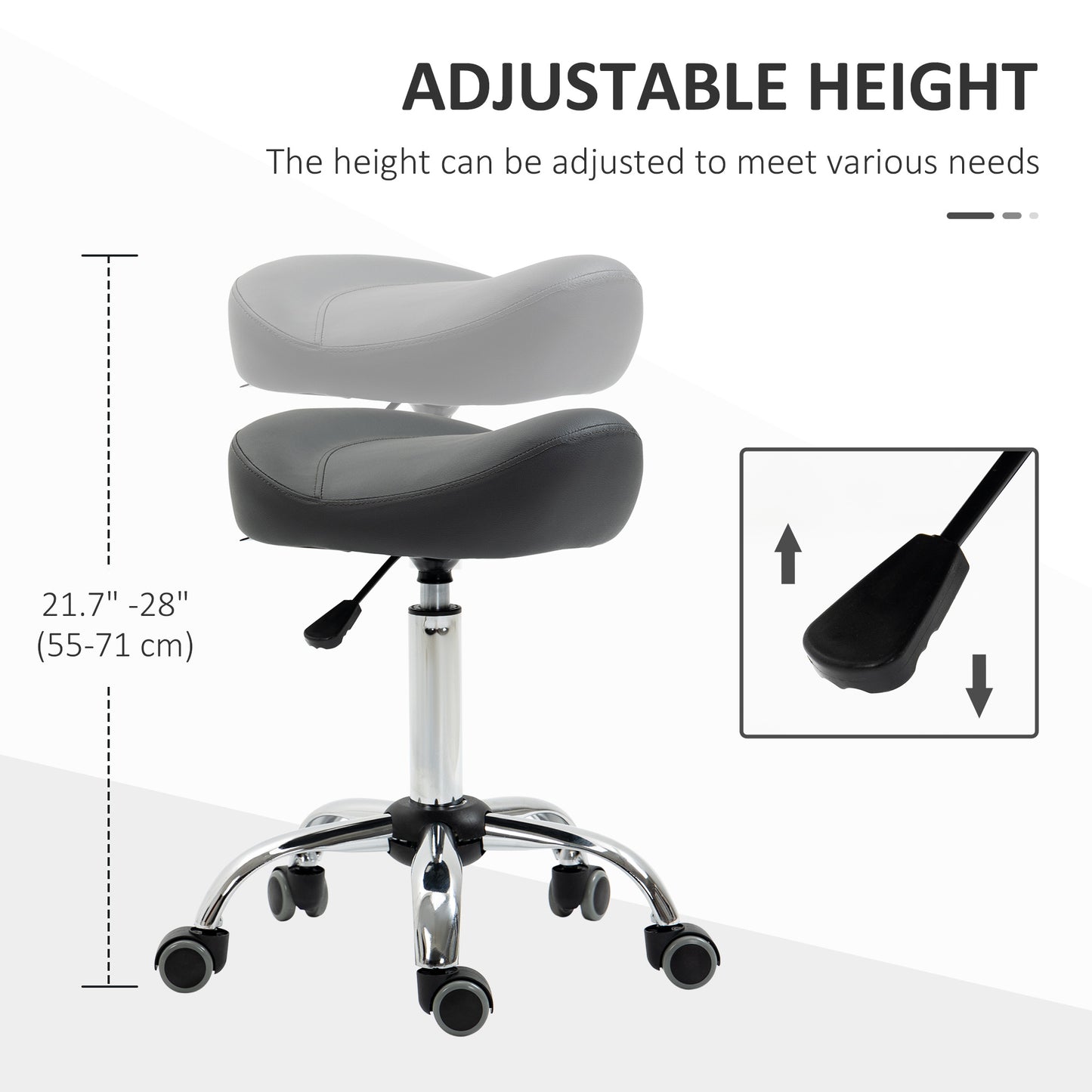 Saddle Stool, Height Adjustable Rolling Salon Chair with PU Leather for Massage, Spa, Clinic, Beauty and Tattoo, Grey