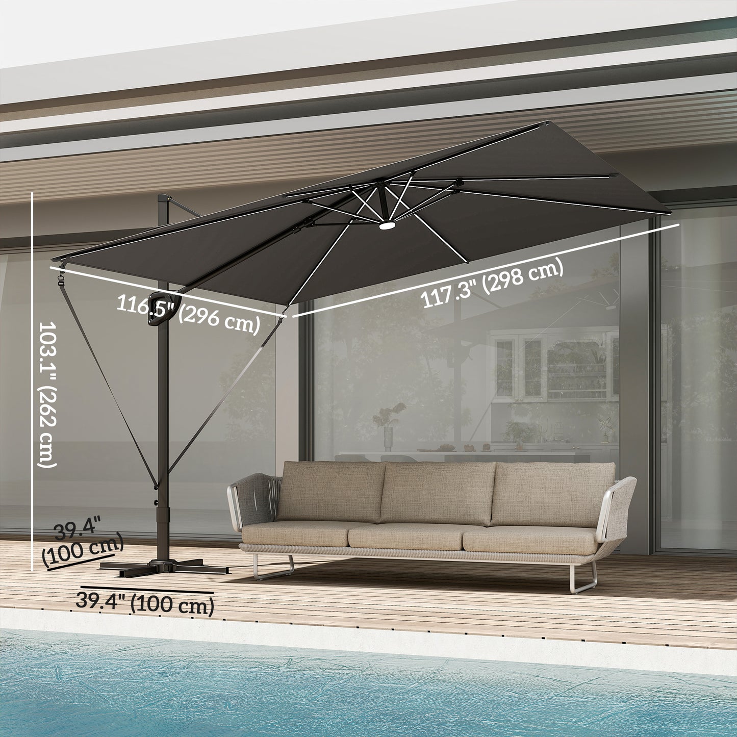 10 x 9.7 ft Offset Cantilever Patio Umbrella with Lights, Wind Rope, UPF50+ Outdoor Cantilever Parasol, Dark Grey