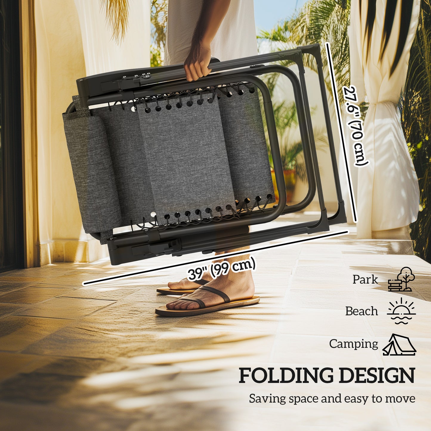 Padded Folding Recliner Chair, Patio Lounger with Cupholder, Adjustable Backrest, Removable Cushion, Grey
