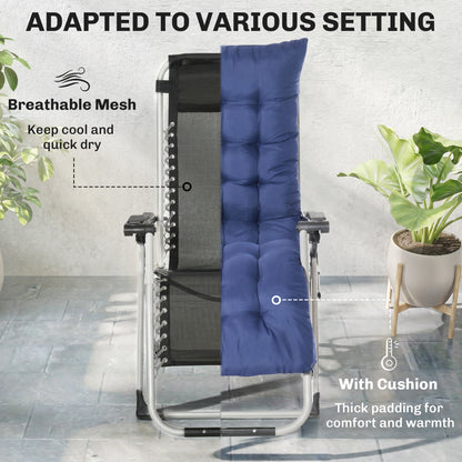 Reclining Zero Gravity Chair with Adjustable Backrest, Folding Garden Sun Lounger, Outdoor Recliner with Removable Cushion and Headrest, Dark Blue