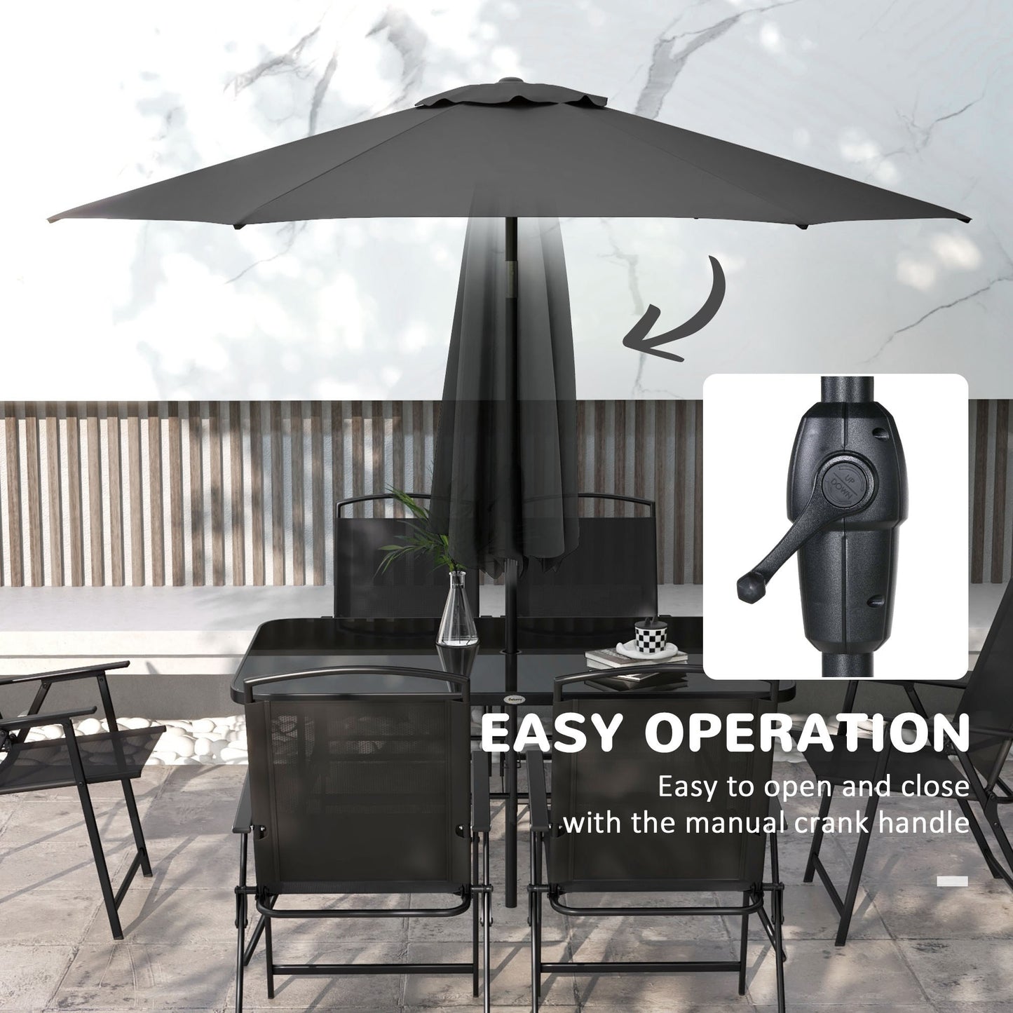 8 Piece Patio Set with Umbrella, 6 Folding Chairs, Rectangle Table, Outdoor Dining Set for 6 with Mesh Seat, Black