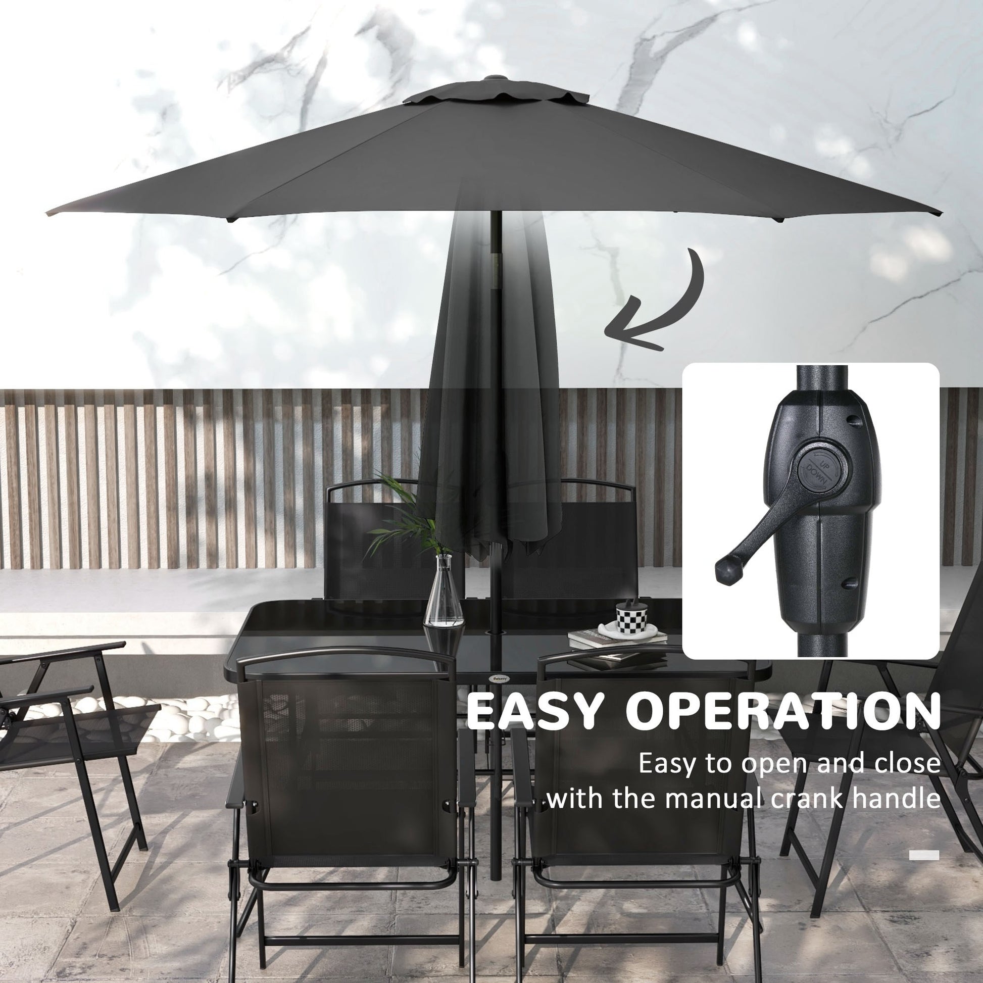 8 Piece Patio Set with Umbrella, 6 Folding Chairs, Rectangle Table, Outdoor Dining Set for 6 with Mesh Seat, Black