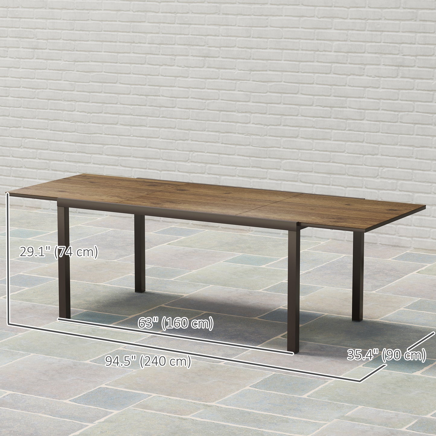 63"-94.5" Extendable Patio Dining Table for 6-8 Person, Outdoor Dining Table with Aluminium Edging, Steel Frame, Brown