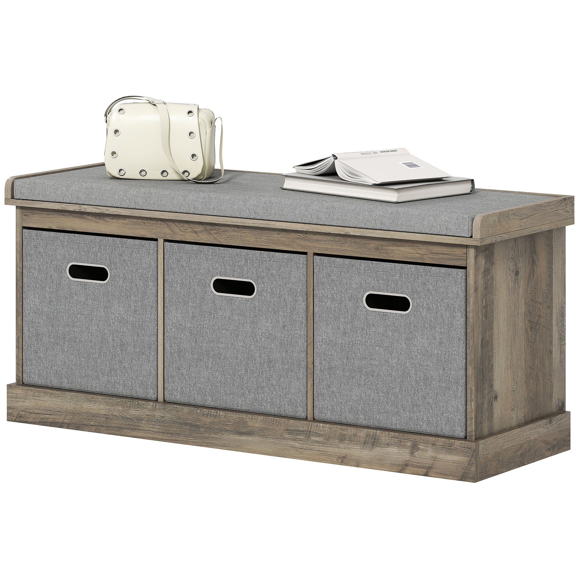 Shoe Storage Bench with Seat, Entryway Bench Seat with Cushion, 3 Fabric Drawers for Hallway, Washed Grey