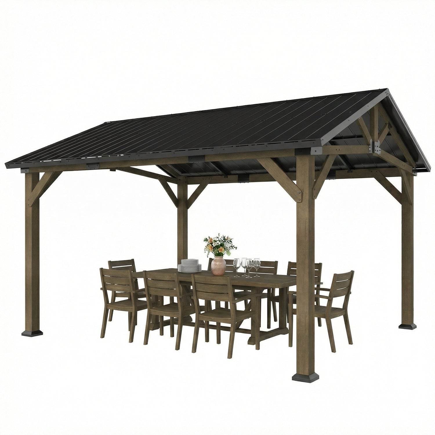 13' x 11' Hardtop Gazebo Canopy with Galvanised Metal Roof, Fir Wood Frame and Central Hook for Patio, Black Grey