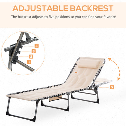 Outdoor Lounge Chair, Folding Chaise Lounge, Patio Padded Tanning Chair with 5-position Adjustable Backrest, Pillow and Pocket for Deck, Beach, Lawn and Sunbathing, Beige