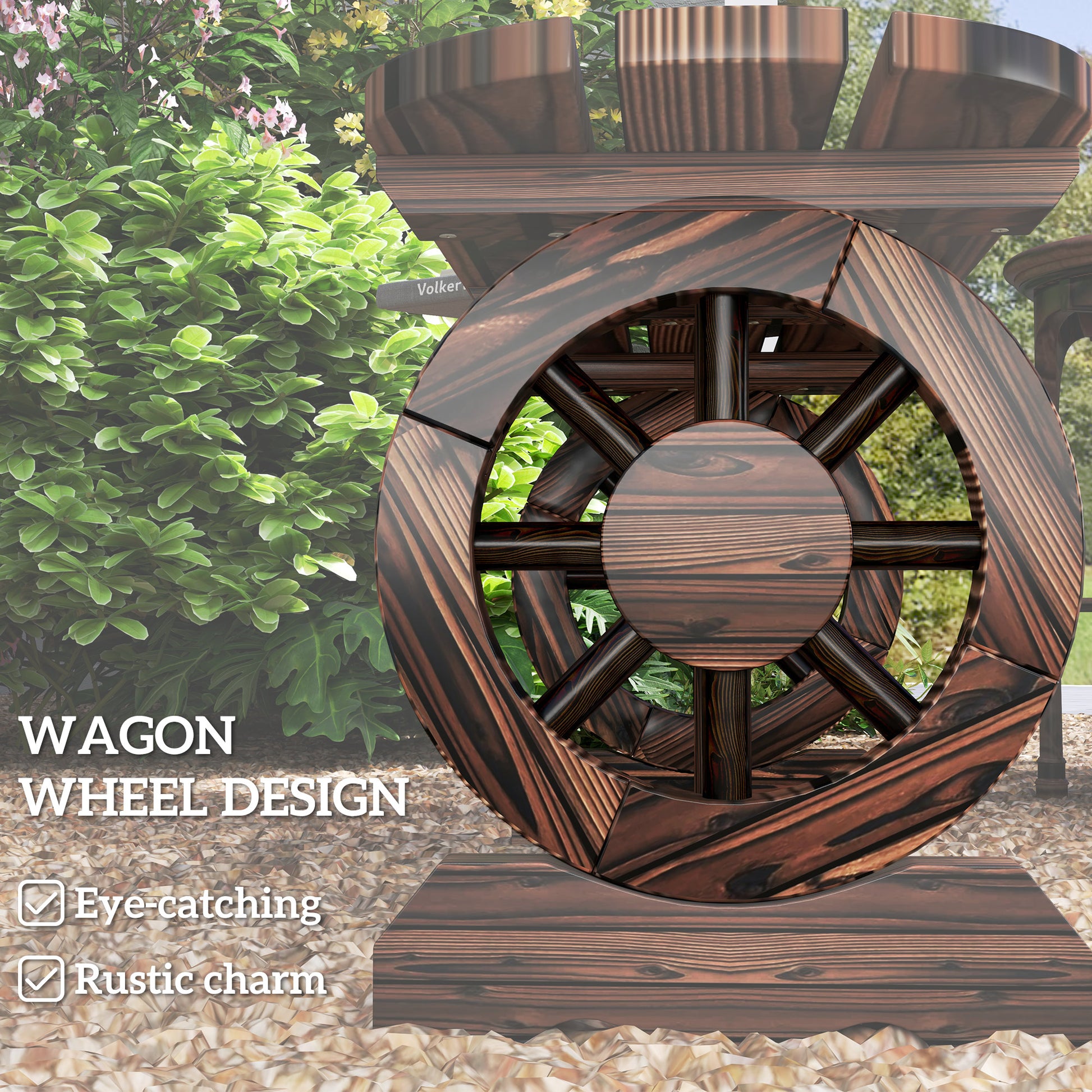 2-Person Outdoor Bench, Wood Garden Bench with Wagon Wheel Legs, Slatted Seat for Patio, Park, Backyard, Carbonized