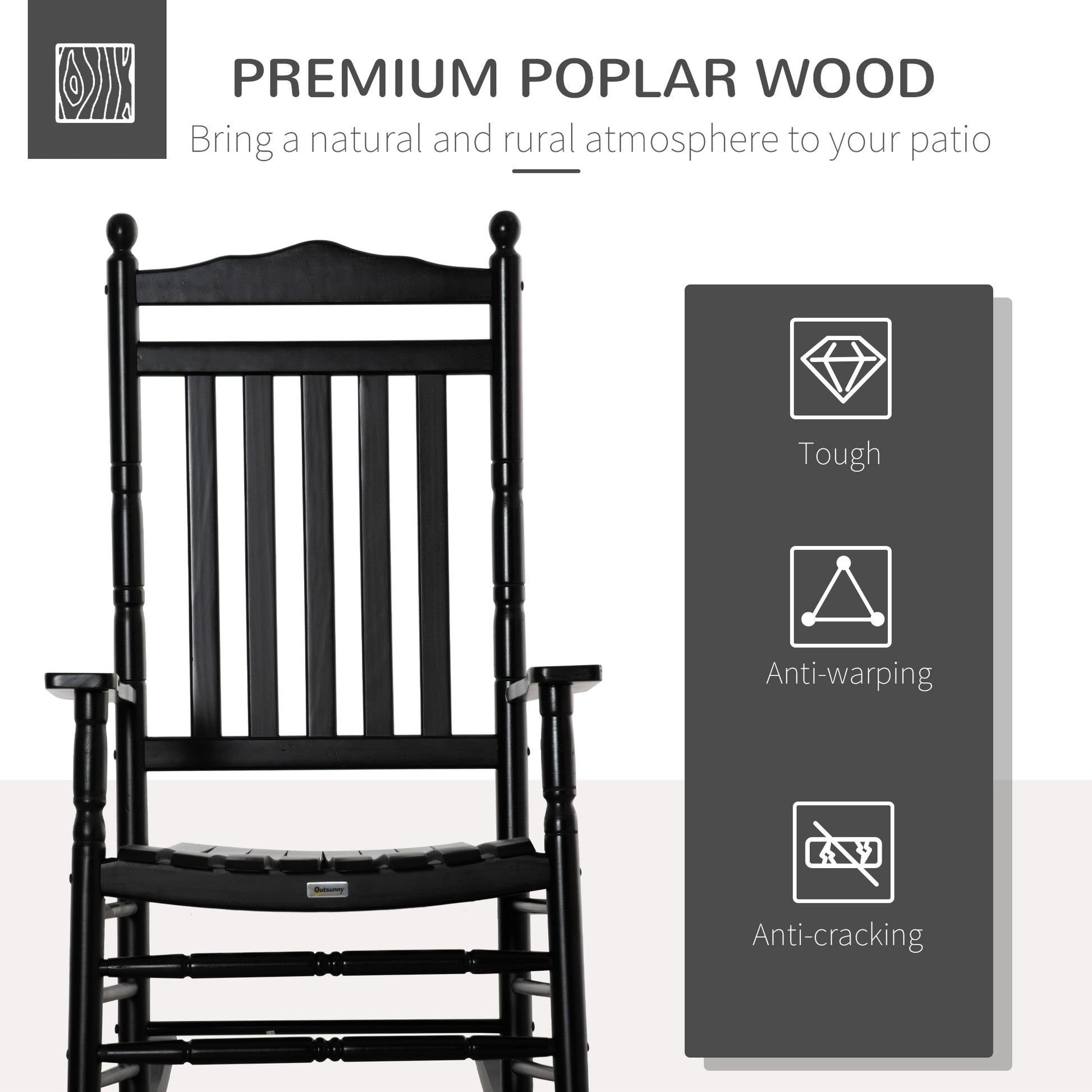 Wooden Outdoor Rocking Chair, Patio Rocking Chair with Slatted High Back and Armrests for Porch, Garden, Lawn, Black
