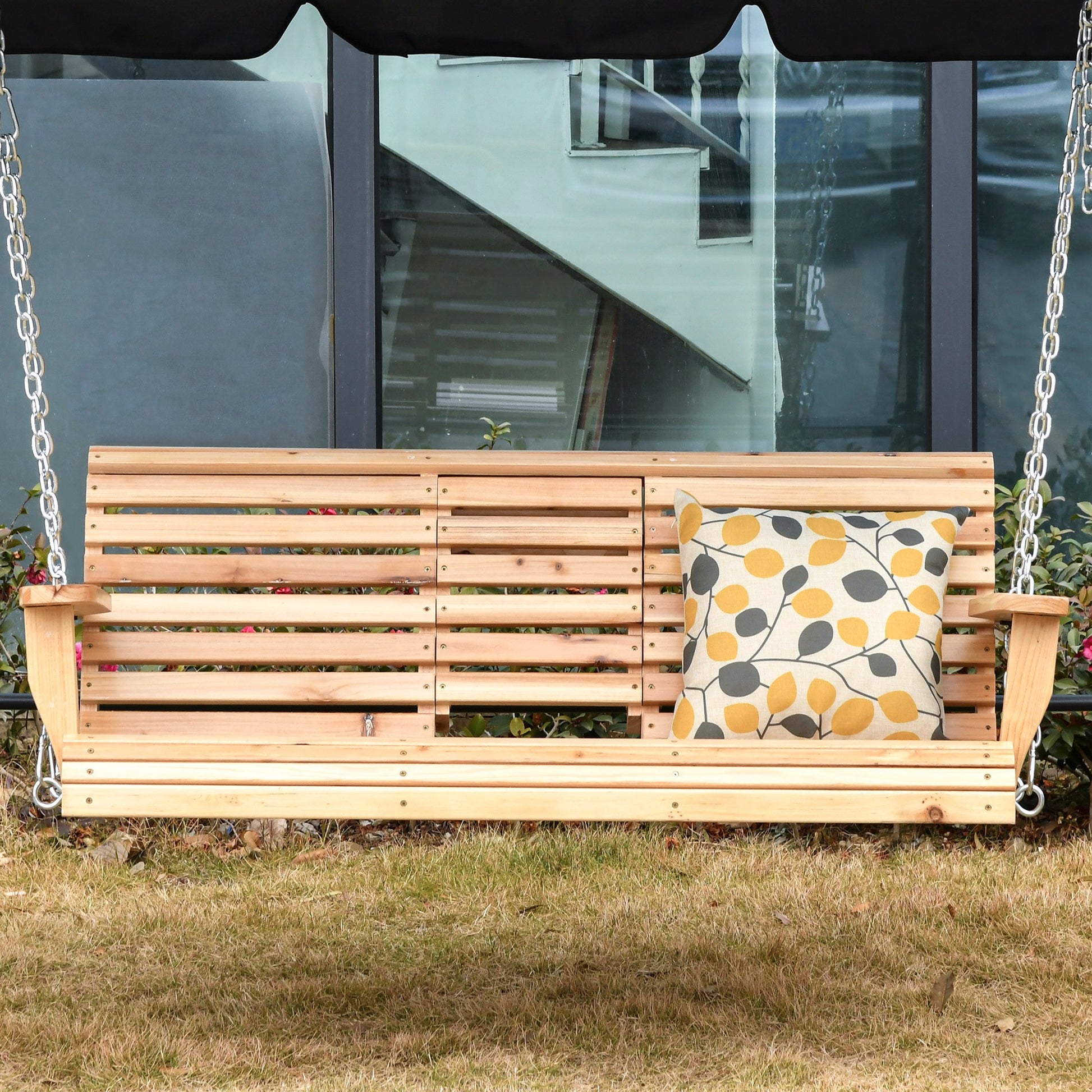 3 Seater Patio Swing Chair Wood Porch Swing with Foldable Table, Cup Holders, Steel Chains for Garden, Yard, Natural