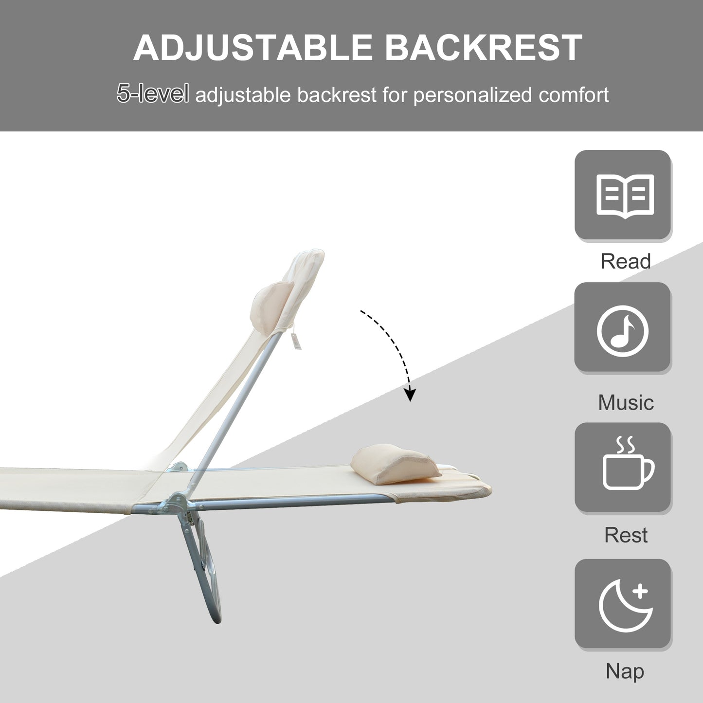 Outdoor Lounge Chair, Portable Adjustable Reclining Seat Folding Chaise Lounge Patio Camping Beach Tanning Chair Bed with Pillow, Beige