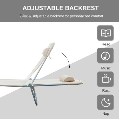Outdoor Lounge Chair, Portable Adjustable Reclining Seat Folding Chaise Lounge Patio Camping Beach Tanning Chair Bed with Pillow, Beige
