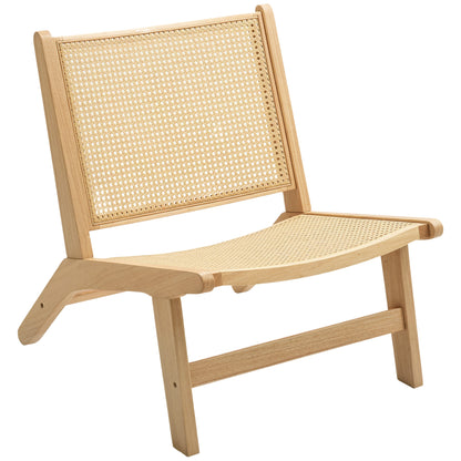 Rattan Accent Chair, Mid-Century Leisure Chair with Rubber Wood Frame, for Bedroom Living Room, Natural
