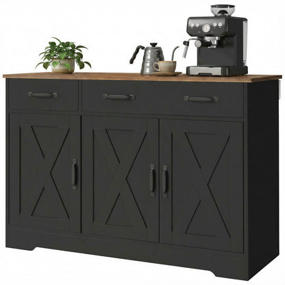 Sideboard Buffet Cabinet, 43" Farmhouse Kitchen Cabinet with 3 Barn Doors, 2 Drawers, 2 Adjustable Shelves, Black